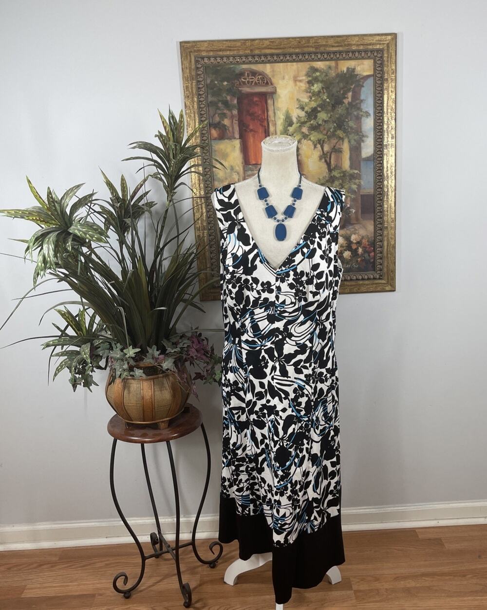 Jones Studio Women’s 20W Black White Blue Floral Sleeveless Midi Dress Plus
